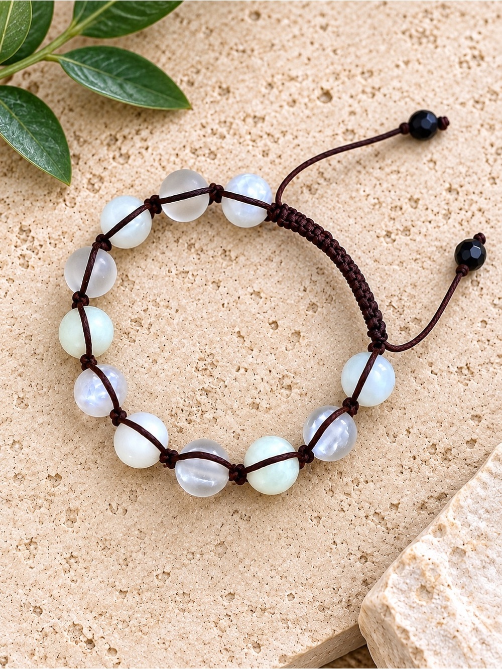 Hand Crafted Moonstone Bead Bracelet with Brown Cord